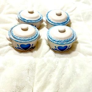 Corelle Jay Import Blue Hearts Spongeware crocks 4 bowls with lid